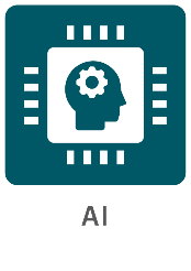 an icon depicting computer chip imprinted with a human head with a cog for a brain